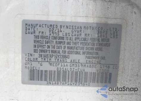 2016 Nissan Sentra Fe+ S/S/Sl/Sr/Sv z USA, uszkodzony, nr VIN 3N1AB7AP1GY239840